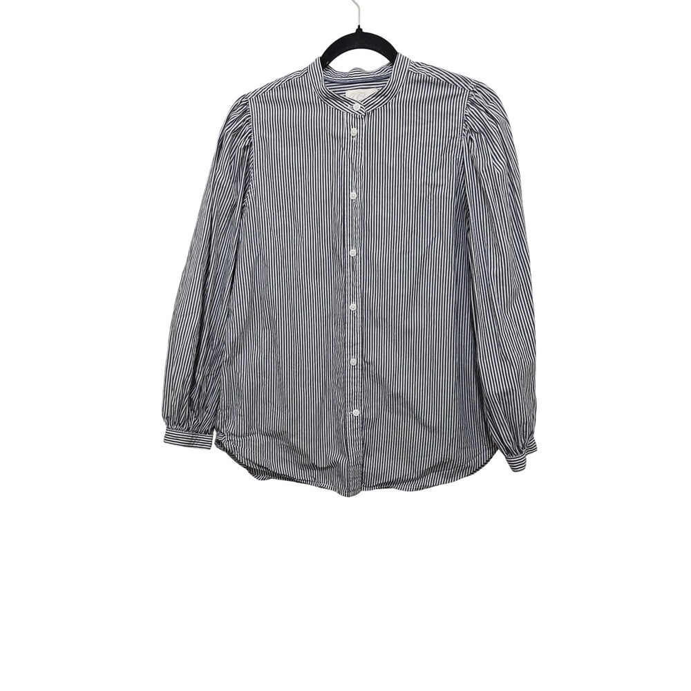 J.Crew Classic Button Down Shirt Womens 4 Blue White Striped Band Collar Puff Sl